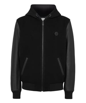 Add something unique and distinctive to your wardrobe. We suggest this wool and nappa hooded varsity jacket.   Wool blend fabric   Leather sleeves   Cotton fleece hood   Rhinestone Skull&Bones print on the back   Logoed patch   Zip fastener   Two slit pockets   Rib knit hems   Inner lining