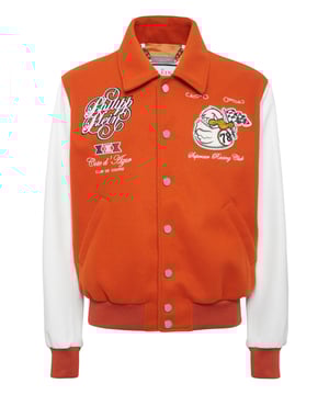 Add something unique and distinctive to your wardrobe. We suggest this varsity jacket.   Wool fabric   Leather   Embroidered patches sewn on the front and the back   Rhinestones applications   Embroidered details   Shirt collar   Snap buttons fastening   Two slit pockets   Rib knit tipping hems   Diamond quilted satin lining
