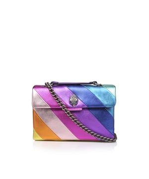 The Leather Kensington Bag is crafted from soft metallic laminated pebble grain cow leather with iconic rainbow sewn stripe pattern. The antiqued silver Eagle head features rainbow coloured crystals and black crystal eyes on the front flap. 17cm (H), 26cm (L), 8cm (D). Strap drop cross body: 111cm. Strap drop shoulder: 64cm.