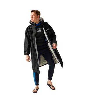 100% Polyester. Lining: Borg, Fleece. Fabric: Hydrafort 5000. Design: Back Print, Logo, Text. Fabric Technology: DWR Finish, Waterproof, Weather Resistant, Windproof. Cuff: Adjustable, Touch Fastening Tab. Neckline: Hooded. Sleeve-Type: Long-Sleeved. Taped Seams. Hood Features: Grown On Hood. Pockets: Inner, 2 Side Pockets, Zip. Fastening: Full Zip. S-M: 38 in. L-XL: 42 in.