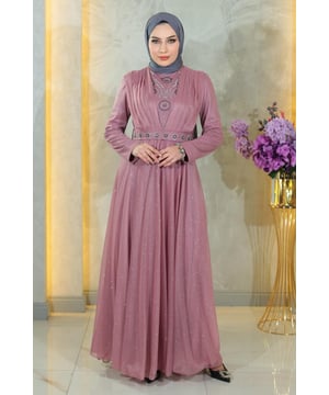 Stoffmerkmal: Hergestellt aus glitzerndem Chiffon-Stoff.Produktmerkmal: Es handelt sich um ein neues Hijab-Modestück der Saison. Es hat ein Innenfutter. Es hat einen Rückenreißverschluss und einen Knopf. Der Gürtel ist verstellbar. Der Kragen und der Gürtel haben Steinverzierungen. Aufgrund von Konzeptaufnahmen kann es zu leichten Farbunterschieden des Produkts kommen