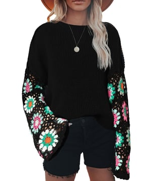 Black floral crochet bell sleeve loose sweater
  Made with high
  quality materials
  Relaxed fit
  Intricate floral crochet detailing
  Trendy bell sleeves
  Versatile piece that can be dressed up or down
  Suitable for any occasion