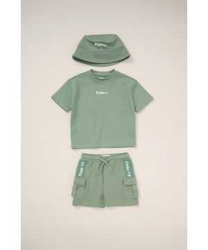 This stylish 3-Piece outfit set from Fudo includes a short-sleeve t-shirt, shorts, and a matching bucket hat. The t-shirt and hat feature a bold Fudo logo on the front, while the back of the tee showcases a large graphic palm tree print for a statement look. The shorts are designed with mesh panel details and two side pockets, perfect for laid-back, everyday style.