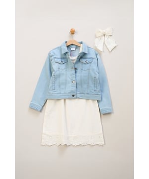 This floaty broderie dress by Miss, featuring delicate crochet panel detailing, is a versatile wardrobe must-have. Paired with a matching bow hair clip and finished with a classic denim jacket, it's perfect for breezy days and stylish outings.