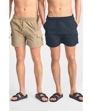 This two pack of combat, cargo-style swim shorts from French Connection are perfect for the beach or by the pool. Each swim short features an elasticated waistband with a drawcord, two side pockets and two cargo-style pockets. Made from quick-drying, polyester with mesh liner. This pack contains two swim shorts in black and khaki.