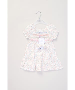 This printed summer dress and bow headband outfit set by Miss is the perfect addition to your little one’s summer wardrobe. The dress features tiered ruffles, cap sleeves, and a delicate floral print, creating a cute look perfect for sunny days, casual outings, or special occasions.