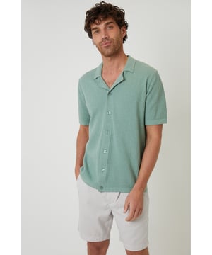 Upgrade your look this season with this stylish textured knitted shirt from Threadbare. This shirt designed in a textured knit has a ribbed revere collar and short sleeves, giving a laid-back but refined charm, and has tubular cuffs and hem. Complete with full button-down fastening for easy styling. Pair with chino shorts for an effortless summer aesthetic or make it date night appropriate with a pair of dark denim jeans and trainers.