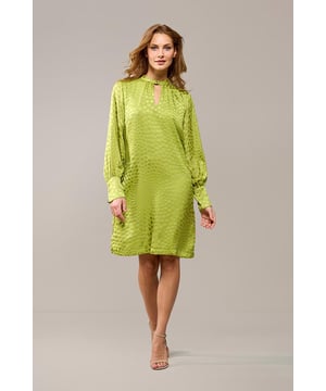 Kies dit seizoen voor de opvallende Abilene-jurk in knalgroen. Deze elegante jurk is voorzien van een uniek stippenmotief op een semi-transparante stof, wat een verfijnde uitstraling geeft. Het ontwerp is verrijkt met een opstaande kraag en een subtiele keyhole-opening aan zowel de voor- als achterkant. De brede manchetten en lange ballonmouwen zorgen voor een speelse, maar stijlvolle touch. De jurk valt tot op de knie en heeft een comfortabele, ruimvallende pasvorm. Het glanzende stippenmotief voegt een echte designeruitstraling toe, waardoor je zeker opvalt. Overdag combineer je deze jurk perfect met witte sneakers, terwijl een kleurrijke hak de perfecte keuze is voor een zomers diner. Wil je variatie? Voeg een ceintuur toe om een mooi zandloperfiguur te creëren, of draag de jurk losjes voor extra comfort. Fashiontip: Bekijk ook de zwarte variant van deze jurk, of combineer de groene blousevariant met een wijde jeans voor een casual-chique look!