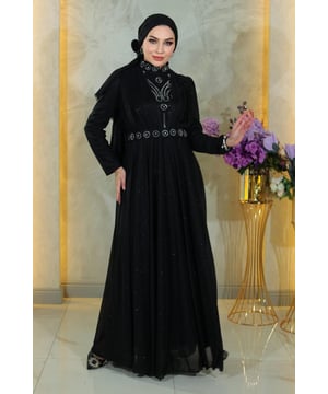 Stoffmerkmal: Hergestellt aus glitzerndem Chiffon-Stoff.Produktmerkmal: Es handelt sich um ein neues Hijab-Modestück der Saison. Es hat ein Innenfutter. Es hat einen Rückenreißverschluss und einen Knopf. Der Gürtel ist verstellbar. Der Kragen und der Gürtel haben Steinverzierungen. Aufgrund von Konzeptaufnahmen kann es zu leichten Farbunterschieden des Produkts kommen