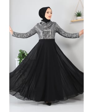 Stoffmerkmal: Hergestellt aus Pulpate- und Chiffon-Stoff.Produktmerkmal: Es handelt sich um ein neues Hijab-Modestück der Saison. Es hat ein Innenfutter. Auf der Rückseite befindet sich ein Reißverschluss und ein Knopf. Aufgrund von Konzeptaufnahmen kann es zu leichten Farbabweichungen des Produkts kommen. Das Model trägt Größe 38.Maße des Abendkleids in Größe 38: Produktlänge: 142