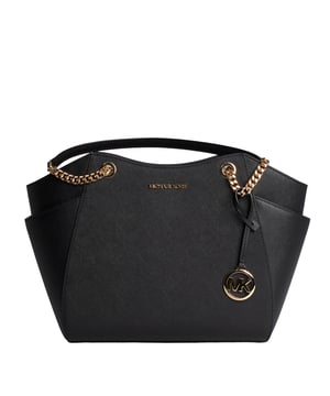 Designed for the modern woman on the go, our Jet Set Travel combines sophisticated style with unsurpassed functionality. Crafted from durable, structured Saffiano leather, this classic version features an elegant finish with gold-tone hardware and chain handles for a glamorous touch.\n\n Details:\n - Accessory type: Shoulder bag.\n - Material: Saffiano leather.\n - Hardware: Gold tone.\n - Michael Kors metal logo appliqué on the front.\n - Exterior details: Side pockets.\n - Interior details: Back pocket with zipper.\n - Detail of metallic MK hanging charm.\n - Closure: Zipper.\n\n Each of Michael Kors' accessories collections boasts a strong identity, offering a fresh mix of trends, colors, and silhouettes that never go out of style, with urban style and attitude. Each women's shoulder bag designed by Michael Kors is an affordable luxury with a touch of modern, unexpected, and comfortable glamour, offering a piece for every occasion.\n Measures: 39.4 cm (width) x 24.8 cm (height) x 14 cm (depth)\n Composition: Saffiano leather\n Care:\nClean with a damp cloth.