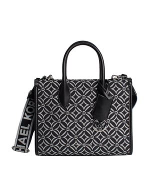 Woven with a kaleidoscopic presentation of the initials, the Mirella crossbody bag features shimmering metallic threads and a sophisticated MK embellishment. Its compact size is ideal for getting around town. Carry it with the soft top handles or over the shoulder with the removable logo tape strap.\n\n Details:\n - Accessory type: Shoulder bag.\n - Jacquard with logo.\n - Hardware: Silver tone.\n - Silver-tone wall light.\n - Decorative pendant.\n - Interior details: Open back pocket.\n - Adjustable and removable strap.\n - Closure: Zipper.\n\n Each of Michael Kors' accessories collections features a strong identity, offering a fresh mix of trends, colors, and silhouettes that never go out of style, with urban style and attitude. Each women's shoulder bag designed by Michael Kors is an affordable luxury with a touch of modern, unexpected, and comfortable glamour, offering a piece for every occasion.\n Measures: 23.5 cm (width) × 19.7 cm (height) × 9.5 cm (depth).\n Composition: 63.7% Polyester, 36.3% Cotton\n Care:\nClean with a damp cloth.
