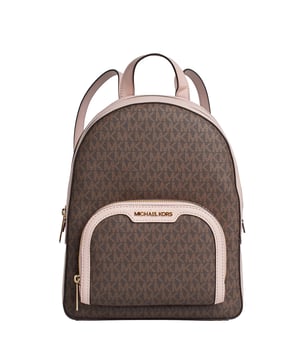 The combination of a signature print and luxurious leather details come together in this Jaycee backpack, a timeless essential destined to become your new hands-free favorite. It features a front zippered pocket for convenient access and plenty of room inside to store your laptop and other essentials.\n\n Details:\n - Accessory type: Medium backpack.\n - Material: Coated canvas printed with the logo.\n - Hardware: Gold tone.\n - Exterior details: Front zipper pocket.\n - Compartments: 2, one has a zippered back pocket.\n - Adjustable straps.\n - Closure: Zipper.\n\n Each of Michael Kors' accessories collections boasts a strong identity, offering a fresh mix of timeless trends, colors, and silhouettes, combined with urban style and attitude. Each women's backpack designed by Michael Kors is an affordable luxury with a touch of modern, unexpected, and comfortable glamour, offering a piece for every occasion.\n Measures: 22.2 cm (width) x 30.5 cm (height) x 10.8 cm (depth)\n Composition: 89.4% Coated Canvas, 9.6% Polyester, 1% Polyurethane\n Care:\nClean with a damp cloth.
