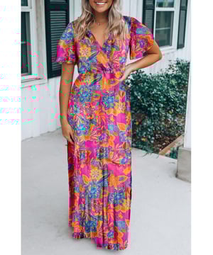 Our styles are designed with a trendy fitted look in mind following an international size standard. For the best fit we suggest choosing one size up from your usual. Be sure to check our sizing chart to find your perfect match!
  Beautiful floral print
  Wrap top with V
  neckline
  Flutter sleeves
  Elastic waist
  Flattering to all body types
  Perfect for summer holidays parties and daily wear
  Sassy bohemian vibe
Material: 100% Viscose