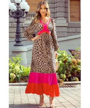 Our styles are designed with a trendy fitted look in mind following an international size standard. For the best fit we suggest choosing one size up from your usual. Be sure to check our sizing chart to find your perfect match!
  Trendy leopard print
  Striking color block design
  V neck detail
  Loose and flowy fit
  Part of ?? maxi dress collection
Material: 100% Polyester