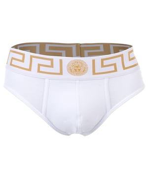 Eleganter Herren Slip der Marke VERSACE. Hochwertige einfarbige Unterhosen. Greca-Muster und Medusa-Motiv am elastischen Bund.