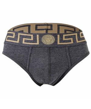 Eleganter Herren Slip der Marke VERSACE. Hochwertige einfarbige Unterhosen. Greca-Muster und Medusa-Motiv am elastischen Bund.