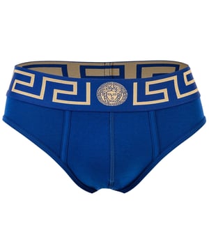Eleganter Herren Slip der Marke VERSACE. Hochwertige einfarbige Unterhosen. Greca-Muster und Medusa-Motiv am elastischen Bund.