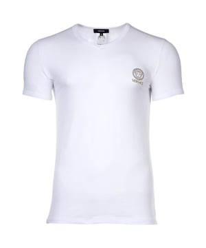 Hochwertiges Herren Unterhemden mit V-Ausschnitt der Marke VERSACE. Elastische Baumwoll-Jersey Qualität, mit goldenem VERSACE-Logo-/Medusa-Print.