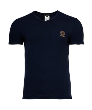 Hochwertiges Herren Unterhemden mit V-Ausschnitt der Marke VERSACE. Elastische Baumwoll-Jersey Qualität, mit goldenem VERSACE-Logo-/Medusa-Print.