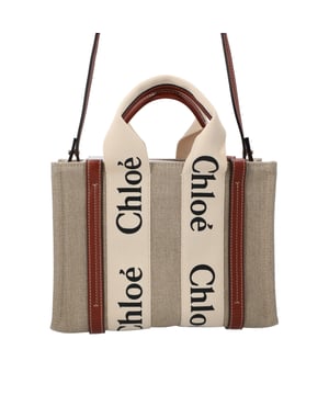 Tote bag in linen canvas &amp; shiny calfskin with linen Chloé logo
 Main material: Linen
 Secondary material: Calfskin
 Trim: Polyester
 Carry: Shoulder, arm &amp; cross-body
 

 - 2 short handles
 - Removable long strap
 - 1 spacious main compartment
 - 1 internal flat pocket
 Comes with a dust bag
 

 - Width: 10.4" (26.5 cm)
 - Height: 7.9" (20 cm)
 - Depth: 3.1" (8 cm)
 - Handle drop: 4.3" (11 cm)
 - Strap drop: 20.5" (52 cm)