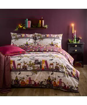 Wrap yourself in enchantment with the Witchy Tales Reversible Duvet Cover Set, a perfect blend of charm and whimsy. One side showcases an intricate design of shelves brimming with potions, curios, and spell books, inviting the spirit of mystery into your sleeping space. The reverse offers a delicate pattern featuring a witch’s treasured objects, resting upon a deep, textured backdrop that exudes richness. Ideal for setting a bewitchingly cosy tone, this duvet cover brings personality and intrigue to any bedroom, making it a delightful choice for those who appreciate a unique, artistic touch in their home décor.