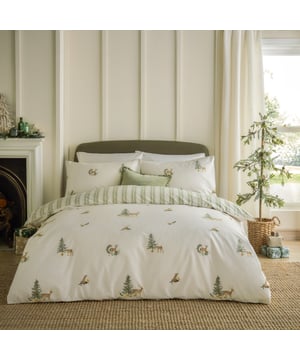 From British fallow deer and majestic stags to jolly partridges and a wishful red fox, Charlecote has been beautifully hand painted to add a charming seasonal touch to your home. Crafted from soft, breathable 100% cotton and paired with a timeless stripe, this reversible duvet cover and pillowcase set brings comfort and peaceful style to your home. Perfect for those who adore prints, patterns, and a serene modern country interior look, it’s designed to inspire restful, nature-infused spaces.
