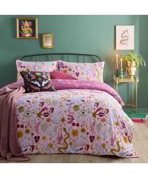 Transform your bedroom into a a realm of magic and mystery with the Enchanted Reversible Duvet Cover Set. This hand-illustrated design brings a touch of magic to your space, featuring a mesmerising array of snakes, eyes, hearts, and stars, artfully woven into a tapestry that feels both mystical and modern. The reversible design lets you effortlessly switch between a bold, spellbinding aesthetic and a calming celestial mood, catering to your every whim. Crafted to impress, it combines flair and functionality, ensuring your bedroom reflects your individuality while offering exceptional style and value. Allow your space to tell a story without saying a word.