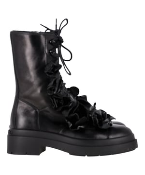 VINTAGE, RRP AS NEW
Romantic rebellion takes form in the Jimmy Choo Nari Flowers Combat Booties—a bold twist on the classic combat boot. Crafted in soft black lambskin leather, these Italian-made booties balance edge and elegance with intricate 3-D floral appliqués that bloom across the upper. A round cap toe, lace-up vamp, and side zip closure combine practicality with style, while a durable leather and rubber outsole ensures everyday wearability. Whether you're toughening up a feminine look or grounding a street-style outfit, these booties are the perfect floral statement.

with Box

Jimmy Choo Nari Flowers Combat Booties in Black Leather
Condition: Excellent
Signs of wear: Include Box., No visible sign of wear. No Mark at insole.,  Very light mark at soles.
Packaging: Box
Color: black
Material: Leather | leather
Size: EU | 37.5
Measurements: Heel height: 50; Insole length: 300
SKU: NAPPUGBSH466103W