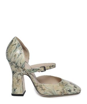 Heel measures at approximately: 4.5"; Slip-on with strap; 100% Leather; Squared round closed toe; Multicolor botanical print;