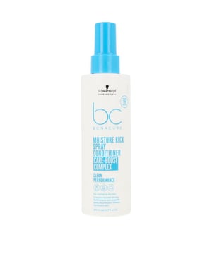 BC MOISTURE KICK Spray Acondicionador de SCHWARZKOPF. Este acondicionador sin aclarado de la línea Bonacure Moisture Kick está especialmente diseñado para hidratar y acondicionar al instante el cabello de normal a seco, texturizado, quebradizo o rizado.   Beneficios: No contiene siliconas ni colorantes artificiales. Su fórmula optimiza la retención de hidratación en el cabello, brindando una ligera sensación que perdura hasta 48 horas. Úsalo como spray desenredante para conseguir un cabello suave, con un aspecto saludable, mayor elasticidad y mejor manejabilidad. Además, es un producto vegano* para el cuidado del cabello.