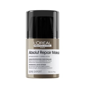 Revitalize your hair with L'Oréal Professionnel Absolut Repair Molecular Leave-In Mask. This innovative formula strengthens damaged hair at a molecular level. With specially decomposed peptides, it restores hair integrity, providing up to 97% improved strength and heat protection up to 230°C. For optimal results, apply to towel-dried hair, detangle, and blow dry. Pair with Absolut Repair Molecular Shampoo and Rinse-Off Serum for complete care.