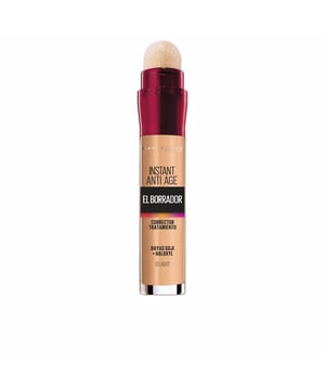 CORRECTOR Borrador de Ojos Multiusos El líder en España El Corrector Borrador de Maybelline New York actúa como un fluido que elimina de inmediato las ojeras, las bolsas y otras imperfecciones, ofreciendo una cobertura completa y homogénea. Su fórmula hidratante, rica en Bayas de Goji y Haloxyl, no solo trata sino que también reafirma las áreas problemáticas. No resulta en sequedad ni en grietas. Triple función versátil: Al usarlo por primera vez, gira el extremo del aplicador 8 veces hasta que el producto se libere en la esponja. Vuelve a girarlo si necesitas más producto. Aplica sobre las señales de cansancio, imperfecciones o mejillas para realzar tu look. Corrige con un simple click El aplicador suave y patentado, cubierto con miles de microfibras, corrige y suaviza patas de gallo, imperfecciones, manchas y pequeñas arrugas al instante, asegurando así una corrección detallada.