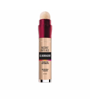 CORRECTOR Borrador de Ojos Multiusos El líder en España El Corrector Borrador de Maybelline New York actúa como un fluido que elimina de inmediato las ojeras, las bolsas y otras imperfecciones, ofreciendo una cobertura completa y homogénea. Su fórmula hidratante, rica en Bayas de Goji y Haloxyl, no solo trata sino que también reafirma las áreas problemáticas. No resulta en sequedad ni en grietas. Triple función versátil: Al usarlo por primera vez, gira el extremo del aplicador 8 veces hasta que el producto se libere en la esponja. Vuelve a girarlo si necesitas más producto. Aplica sobre las señales de cansancio, imperfecciones o mejillas para realzar tu look. Corrige con un simple click El aplicador suave y patentado, cubierto con miles de microfibras, corrige y suaviza patas de gallo, imperfecciones, manchas y pequeñas arrugas al instante, asegurando así una corrección detallada.