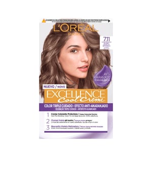 Die Haarfarbe EXCELLENCE COOL von LORÉAL PARIS präsentiert eine Auswahl von fünf verschiedenen Nuancen, ideal für alle, die eine präzise Farbabstimmung und vollständige Grauabdeckung wünschen. Als führende Marke in der Haarfärbung verwendet sie erstmals die innovative Violett-Technologie in ihrem gesamten Pflegeprozess, um ein hochwertiges Ergebnis ohne ungewollte orangefarbene Untertöne zu liefern. Der orangefarbene Effekt wird dabei effektiv neutralisiert. Zudem sorgt die Formel dafür, dass das Haar während und nach dem Färbeprozess geschützt bleibt, und garantiert eine 100 %ige Abdeckung von grauen Haaren.