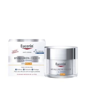 Crema facial HYALURON FILLER día SPF30 de EUCERIN. Su fórmula proporciona protección solar elevada y está diseñada para el cuidado diario, enfocándose en prevenir el envejecimiento prematuro y combatir las arrugas, adecuada para todos los tipos de piel.