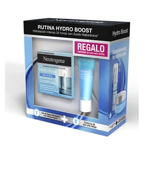 HYDRO BOOST GEL DE AGUA FACIAL LOTE de NEUTROGENA  El gel de agua está formulado con ácido hialurónico y trehalosa de origen natural, ingredientes que ayudan a potenciar y mantener la hidratación de la piel, logrando un aspecto más saludable y resistente a la pérdida de humedad.   Beneficios:  La crema para el contorno de ojos también contiene ácido hialurónico y trehalosa de origen natural, lo que proporciona a la mirada un aspecto fresco, luminoso e intensamente hidratado a lo largo del día. Usar el gel de agua diariamente, tanto por la mañana como por la noche, junto con la crema de contorno de ojos aplicada sobre el pómulo y alrededor del ojo, constituye la rutina perfecta para reducir la visibilidad de las líneas de expresión y mantener una mirada descansada. El pack Hydro Boost Hidratante Facial es, además, una excelente opción de regalo, ya que combina cuidado y acción para el rostro, destacando la hidratación como clave para preservar la elasticidad de la piel.