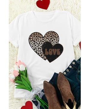 Our styles are designed with a trendy fitted look in mind following an international size standard. For the best fit we suggest choosing one size up from your usual. Be sure to check our sizing chart to find your perfect match!
  White Leopard LOVE Double Heart Printed Valentines Graphic Tee
  Large leopard heart and small letter
  printed heart design
  Cotton
  blend fabric for a soft and lightweight feel
  Simple yet chic design suitable for all ages
  Perfect for adding a playful touch to your Valentines Day outfit
Material: 62% Polyester 32% Cotton 6% Elastane