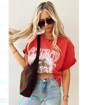 Our styles are designed with a trendy fitted look in mind following an international size standard. For the best fit we suggest choosing one size up from your usual. Be sure to check our sizing chart to find your perfect match!
  Tomato Red COWBOY Take Me Away Graphic Western Loose Tee
  Striking COWBOY lettering
  Captivating Western graphic
  Short sleeves for a relaxed and casual vibe
  Sizes available: S M L XL
  High elasticity for added comfort
Material: 62% Polyester 32% Cotton 6% Elastane