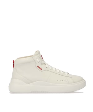 Contemporary essential cupsole inspired sneaker. High-cut version in leather upper with red logo branding on quarter recalling iconic HUGO identifying color and rubber sole.
