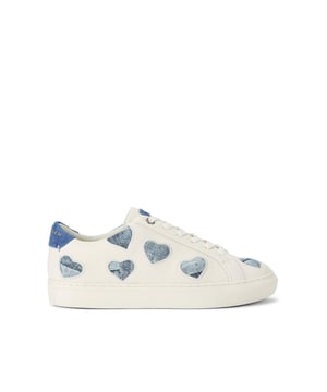 The
Lane Love sneaker is crafted from a white leather with denim cut out hearts
across the upper. There are two blue suede patches on the tongue and heel with
gold foil branding.