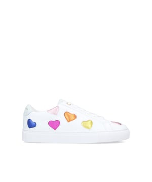 The
Lane Love sneaker is crafted from a cow leather in white with classic lace up
front. There are multiple textured leather hearts in multiple colours across
the upper. Sole height: 2.5cm.