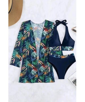 Drie-delig ensemble voor veelzijdige looks  
Levendige en kleurrijke tropische print  
Contrastafwerking voegt een stijlvolle en moderne touch toe  
Halternekontwerp biedt lift en steun voor de buste  
Verkrijgbaar in diverse maten volgens de bijgeleverde maattabel  
Materiaal: 100% Polyester