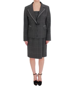 Brand: BENCIVENGA
  Model: Two piece suit; blazer and dress
  Color: Gray checkered
  Material: 80% Cotton 20% Viscose
  Blazer: One button closure single breasted
  Dress: Full zipper closure on the back
  Fully lined
  Logo details
  Made in Italy