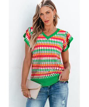 Nuestros estilos están diseñados con un look ajustado y a la moda, siguiendo un estándar de tallas internacional. Para el mejor ajuste, sugerimos escoger una talla más de la habitual. Asegúrate de consultar nuestra tabla de tallas para encontrar tu combinación perfecta.
  
  Silueta multicolor vibrante
  Mangas con vuelo elegantes
  Escote en V que resalta las clavículas
  Apto para diferentes tipos de cuerpo
  Alta elasticidad
  
Material: 50% Viscosa, 28% Poliéster, 22% Poliamida