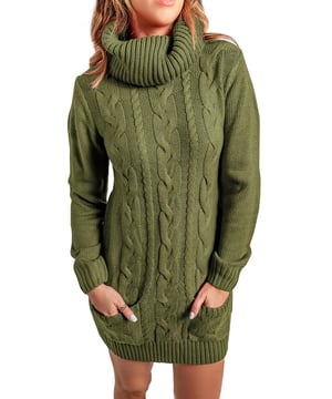 Stylish cowl neck for warmth
  Slim fit cable knit body
  Mid
  thigh length
  Long sleeves
  Front pockets
  Pairs well with leggings and boots
  High elasticity for comfortable fit
Material: 100% Acrylic