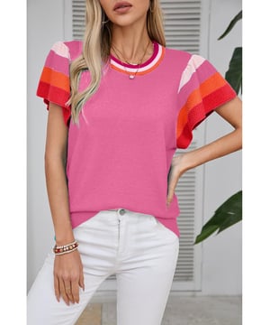 Nuestros estilos están diseñados con una apariencia ajustada y a la moda, siguiendo un estándar internacional de tallas. Para el mejor ajuste, te sugerimos elegir una talla más que la habitual. Asegúrate de consultar nuestra tabla de tallas para encontrar tu combinación perfecta.  
Camiseta de punto de color rosa brillante  
Mangas acampanadas en contraste  
Cuello redondo en contraste  
Ajuste relajado para diferentes formas  
Apropiada para climas cálidos  
Estilo chic para todas las temporadas  
Alta elasticidad  
Material: 50% Viscosa, 28% Poliéster, 22% Poliamida