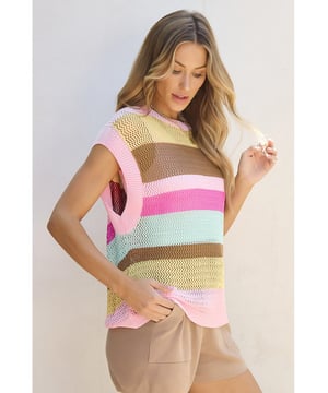 Nuestros estilos están diseñados con una apariencia ajustada y a la moda, siguiendo un estándar de tallas internacional. Para el mejor ajuste, te sugerimos elegir una talla más de la habitual. ¡Asegúrate de consultar nuestra tabla de tallas para encontrar tu coincidencia perfecta!  
Suéter T de manga corta de ganchillo con rayas rosas y corte holgado  
Silhouette de ganchillo audaz con un patrón de rayas llamativo  
Ajuste relajado para comodidad y versatilidad  
Diseño de manga corta  
Ideal para darle un toque romántico a tu atuendo  
Disponible en varias tallas (S M L XL)  
Alta elasticidad para un ajuste flexible  
Material: 100% Viscosa