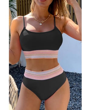 Our styles are designed with a trendy fitted look in mind following an international size standard. For the best fit we suggest choosing one size up from your usual. Be sure to check our sizing chart to find your perfect match!
  Black Striped Patchwork Spaghetti Strap High Waist Bikini Swimsuit
  Spaghetti straps and high waist design for comfort and support
  Unique striped patchwork design for a trendy and chic look
  Skin
  friendly and quick
  drying fabric for long
  lasting wear
  Ideal for beach poolside and summer parties
Material: 82% Nylon 18% Spandex