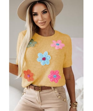 Our styles are designed with a trendy fitted look in mind following an international size standard. For the best fit we suggest choosing one size up from your usual. Be sure to check our sizing chart to find your perfect match!
  Adorable flower applique for a charming touch
  Short sleeves for a versatile and stylish look
  Breathable soft and cozy knitwear
  Perfect for layering or wearing on its own
  Available in various designs
Material: 50% Viscose 28% Polyester 22% Polyamide
